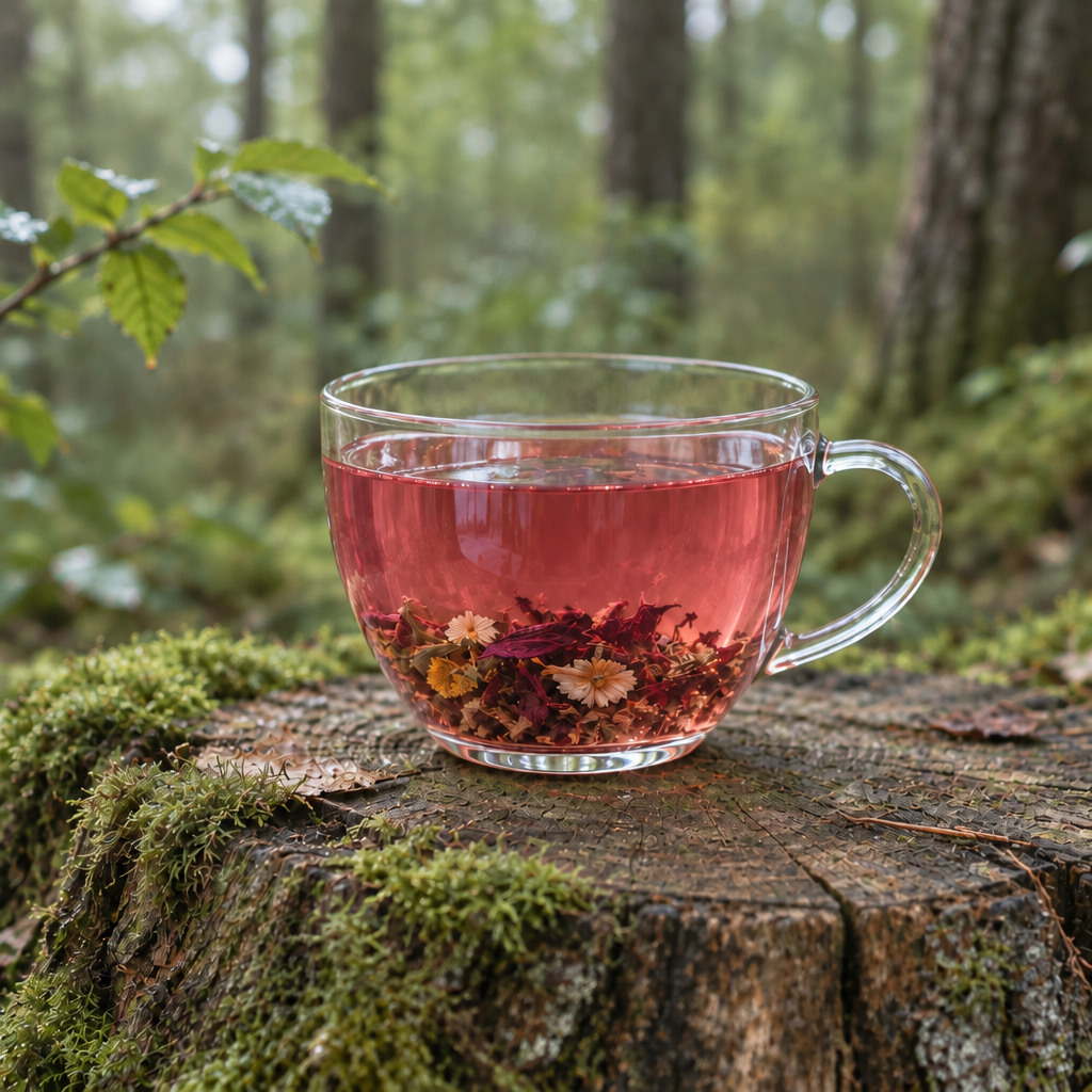 Tasse de tisane en forêt avec infusion rosée