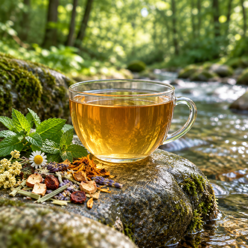 Tisane pour la méditation, tasse dorée au bord d’une rivière en forêt